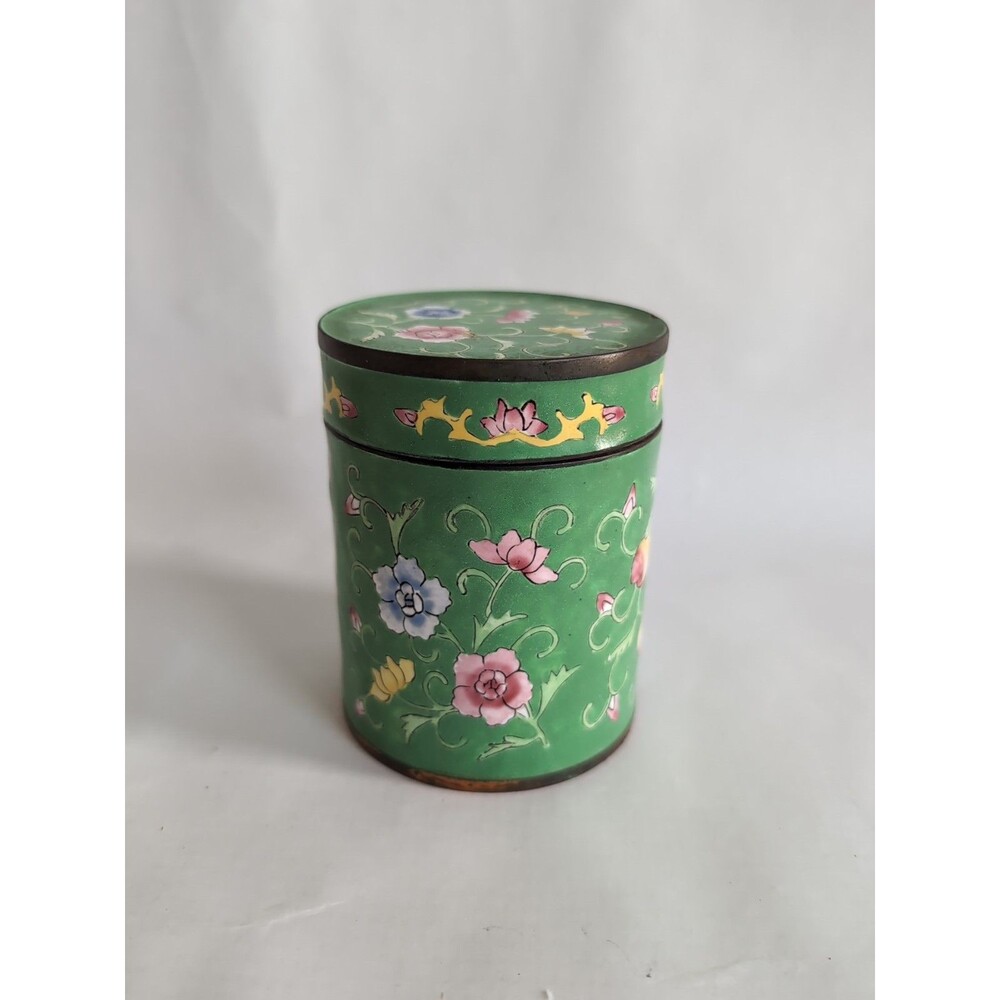 Vtg Chinese Cloisonne Copper Round Box Branches & Flowers